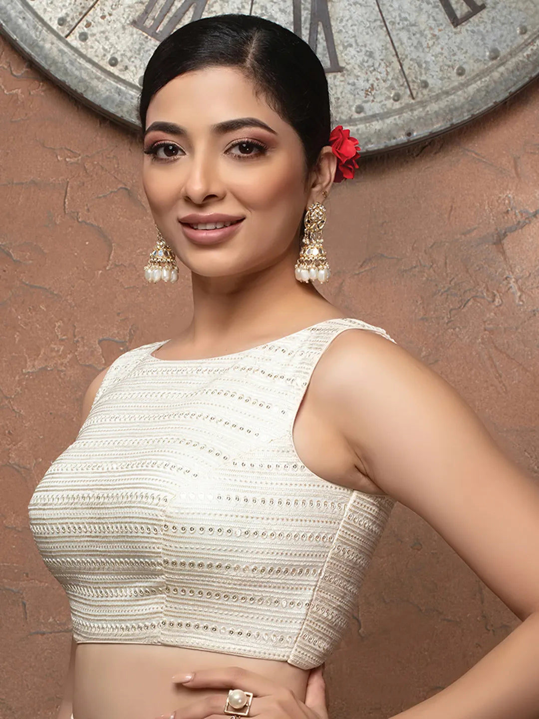 White Sequence Boat Neck Sleeveless Readymade Blouse