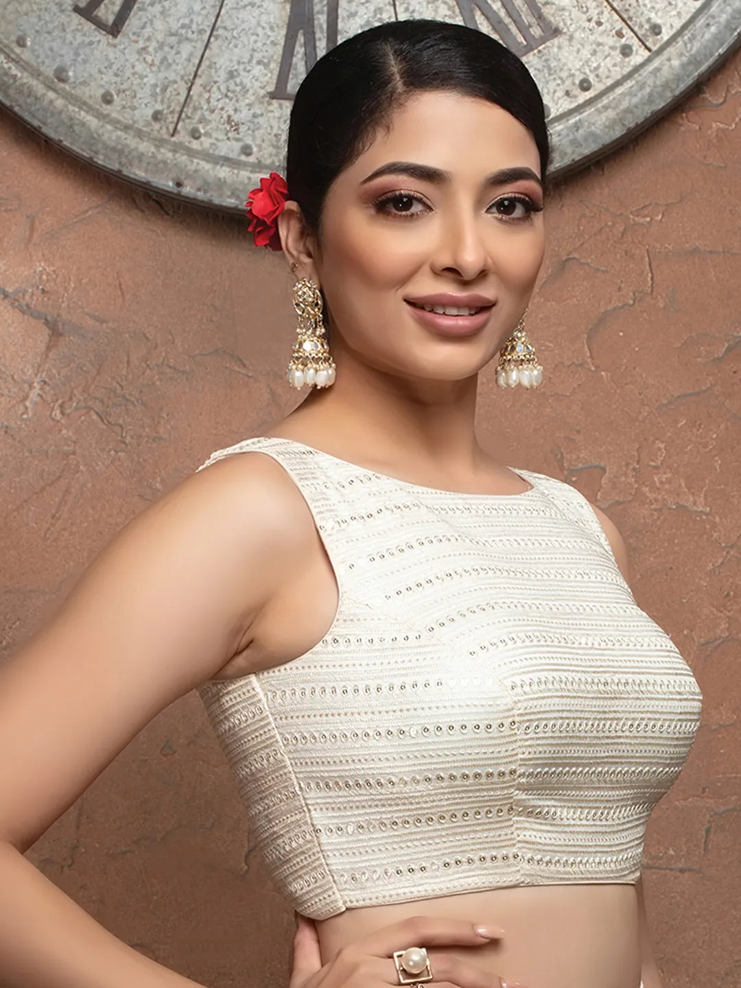 White Sequence Boat Neck Sleeveless Readymade Blouse