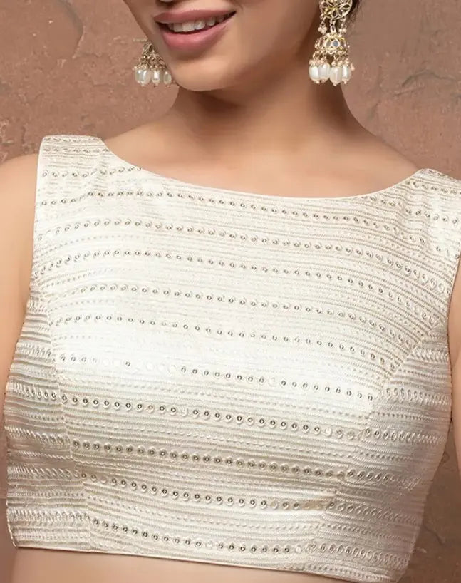 White Sequence Boat Neck Sleeveless Readymade Blouse