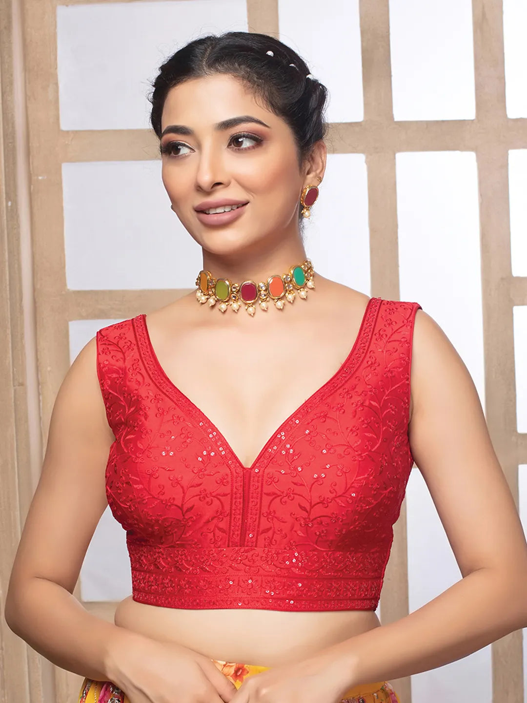 Red Crush Tissue Deep Neck Sleeveless Readymade Blouse