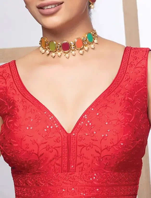 Red Crush Tissue Deep Neck Sleeveless Readymade Blouse