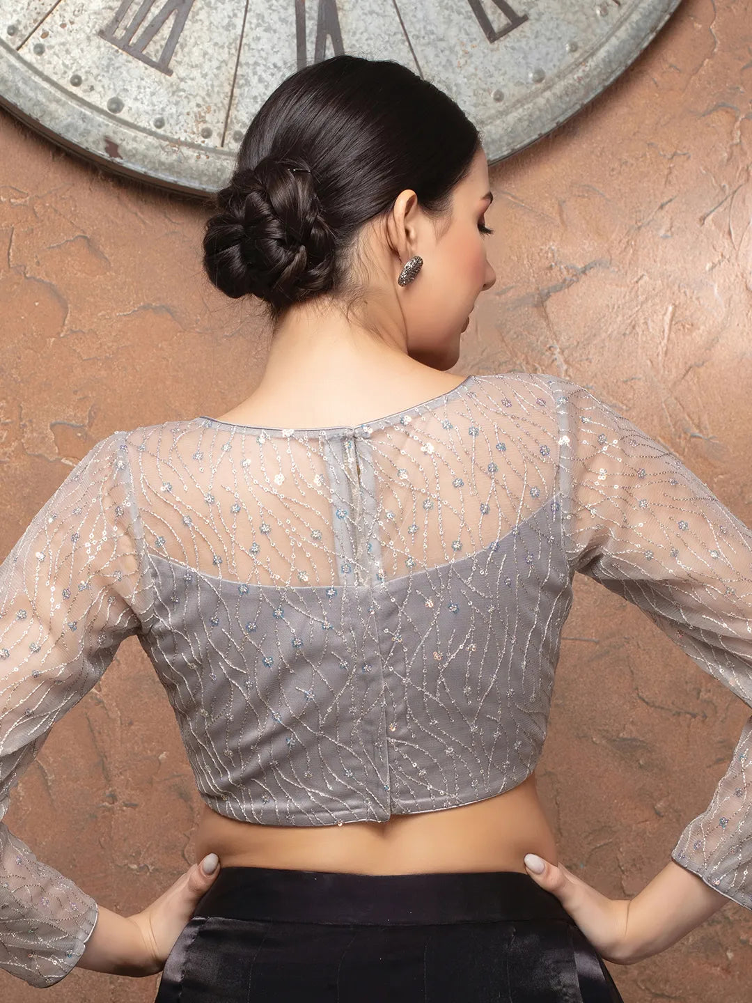 Grey Net High Neck Full Sleeves Readymade Blouse