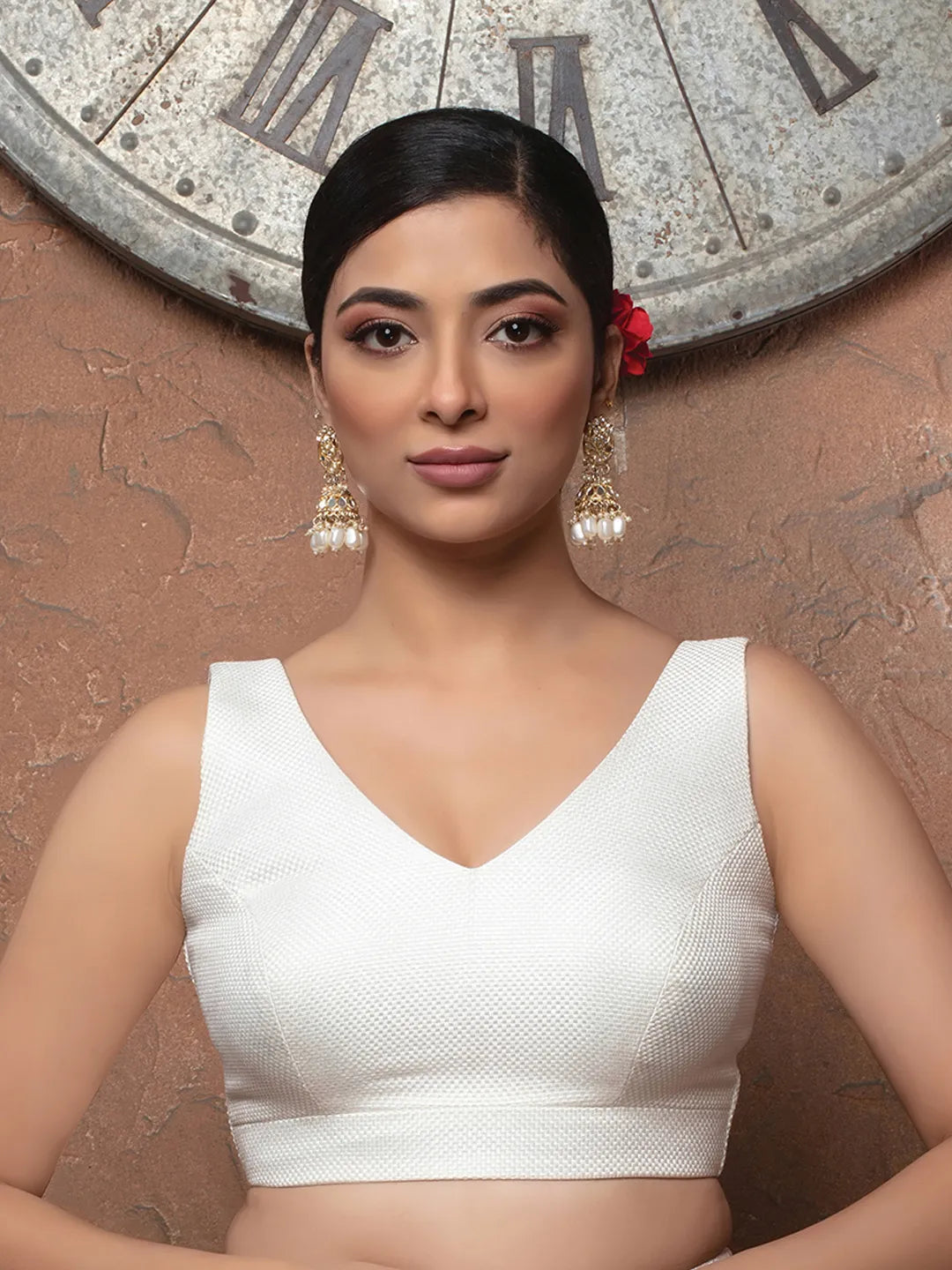 White Jute V Neck Sleeveless Readymade Blouse