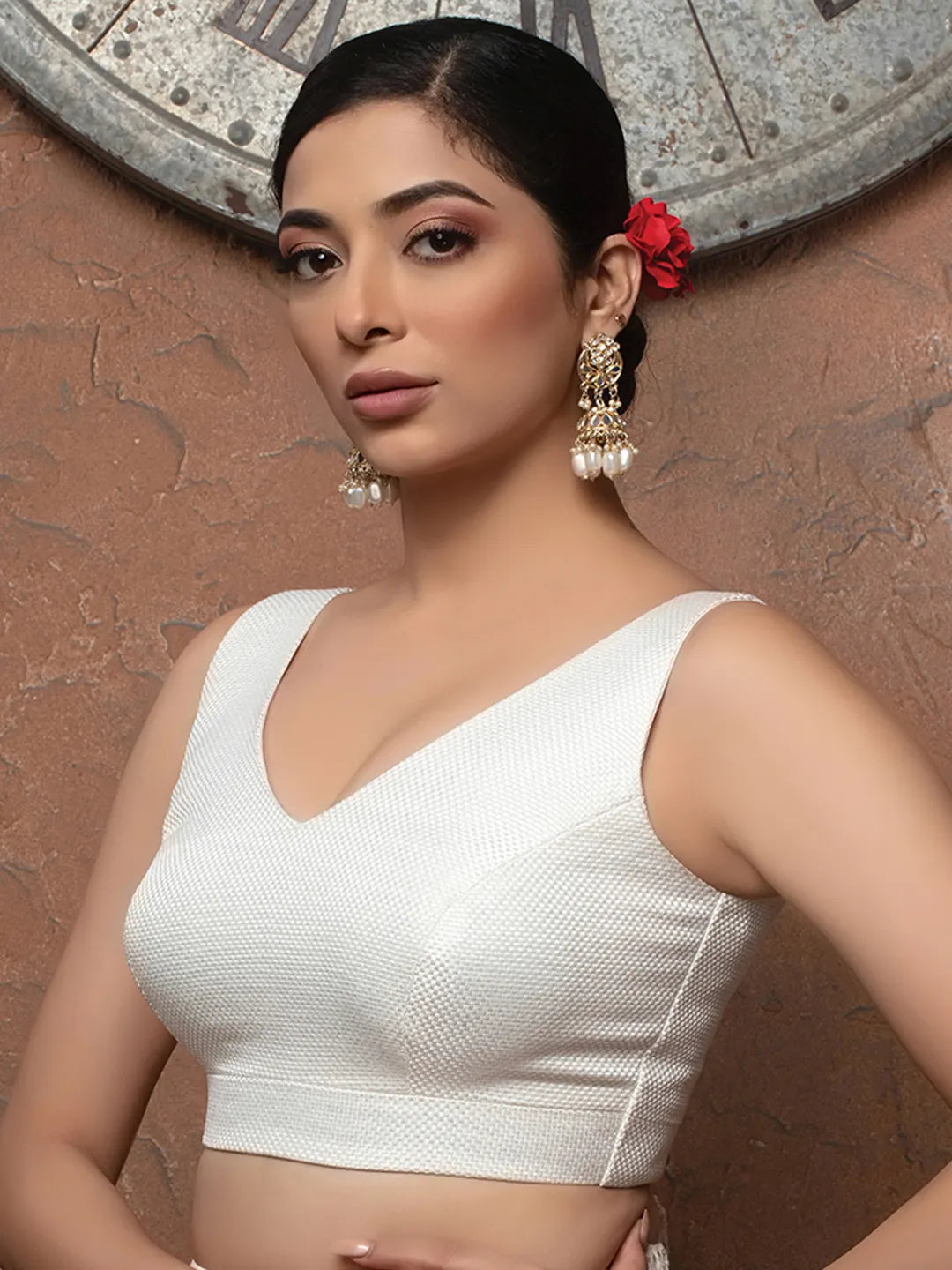 White Jute V Neck Sleeveless Readymade Blouse