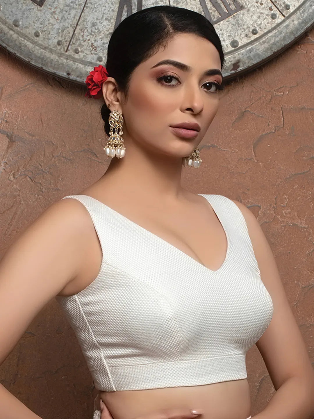 White Jute V Neck Sleeveless Readymade Blouse