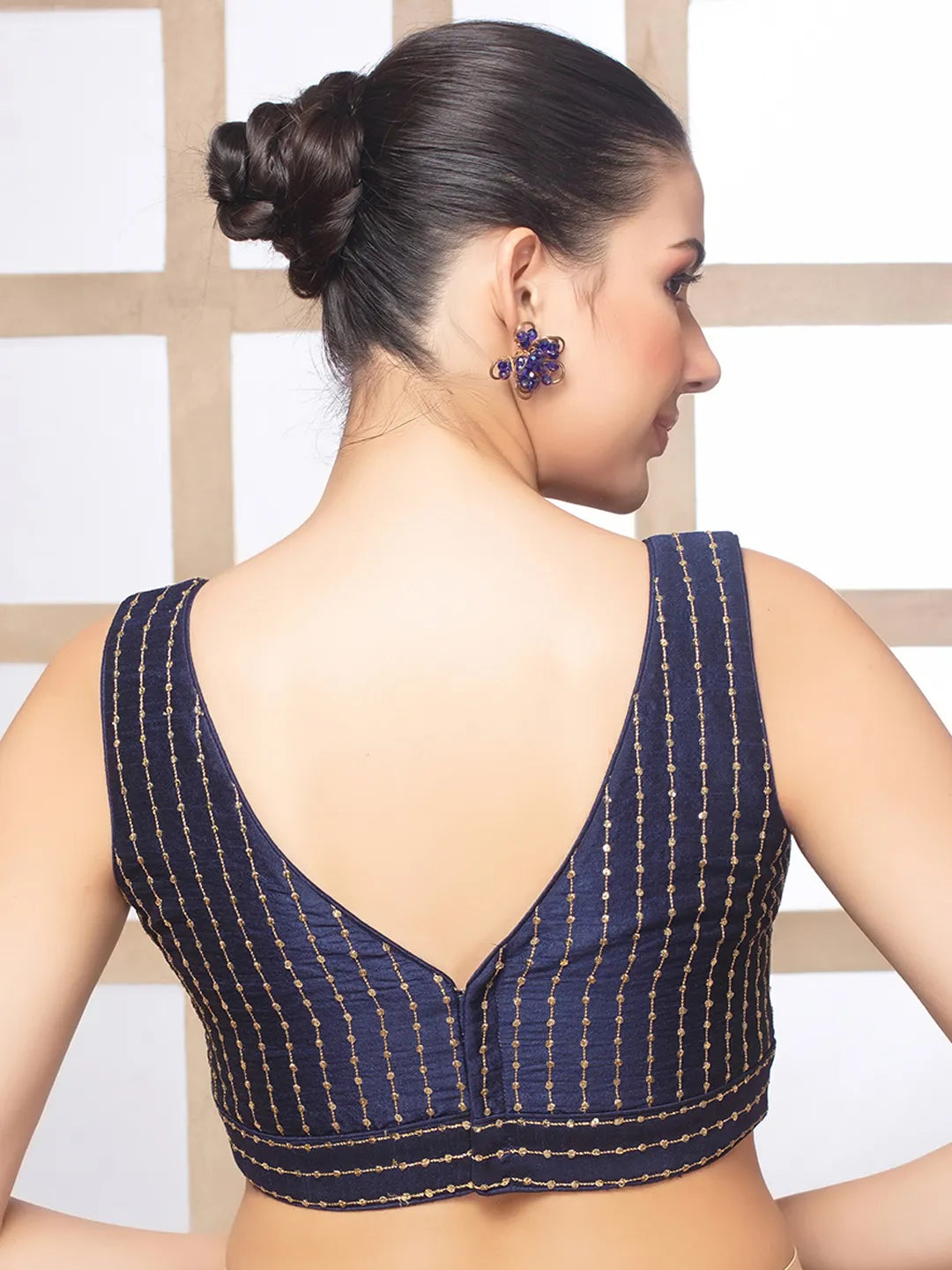 Navy Blue Silk V Neck Sleeveless Readymade Blouse