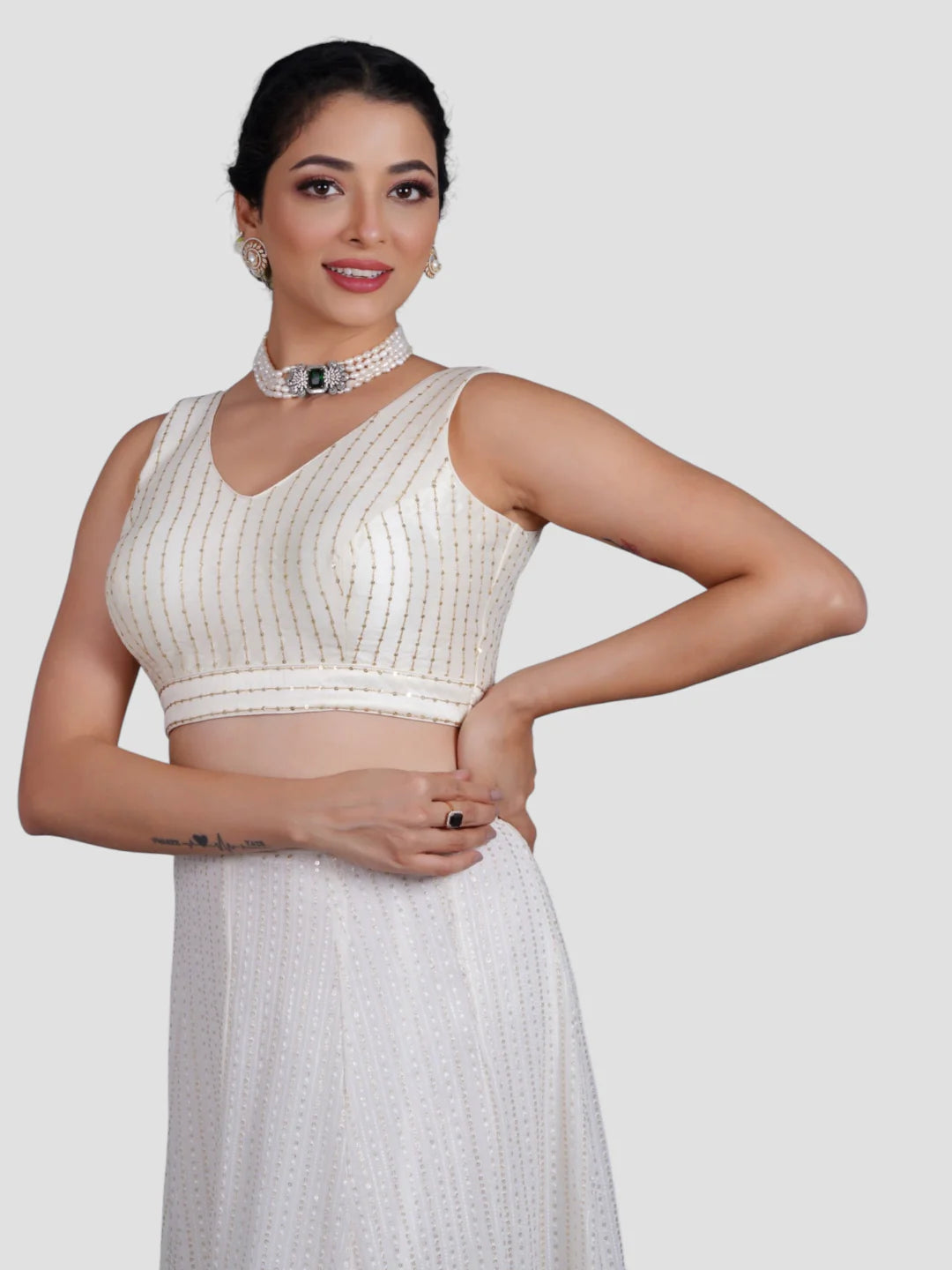 White Silk V Neck Sleeveless Readymade Blouse