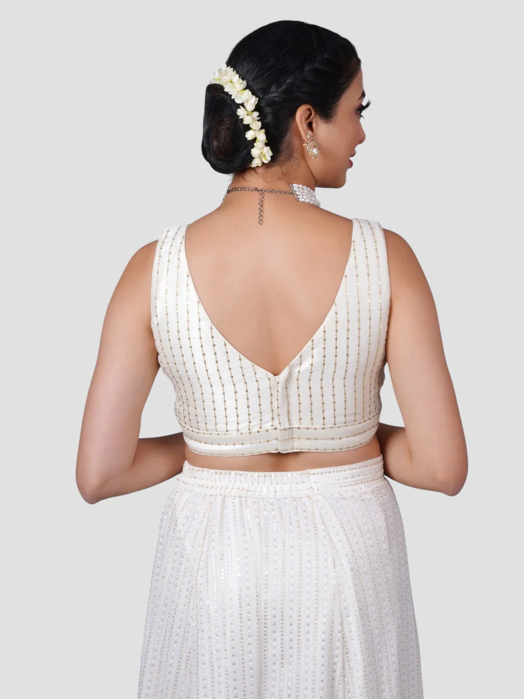 White Silk V Neck Sleeveless Readymade Blouse