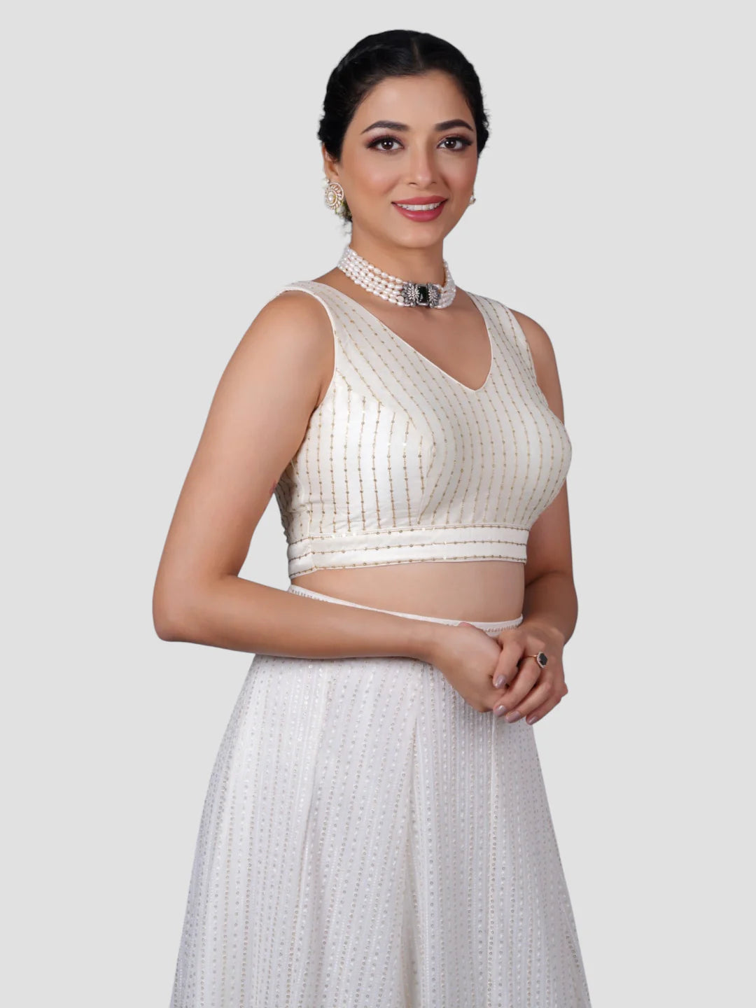 White Silk V Neck Sleeveless Readymade Blouse