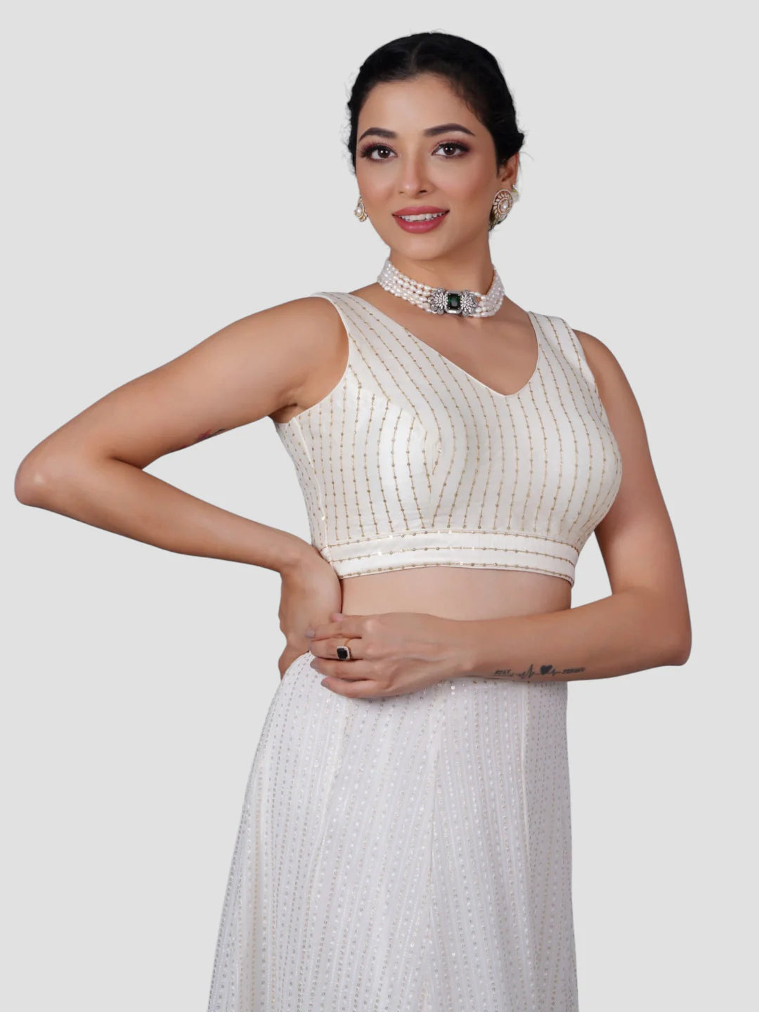 White Silk V Neck Sleeveless Readymade Blouse