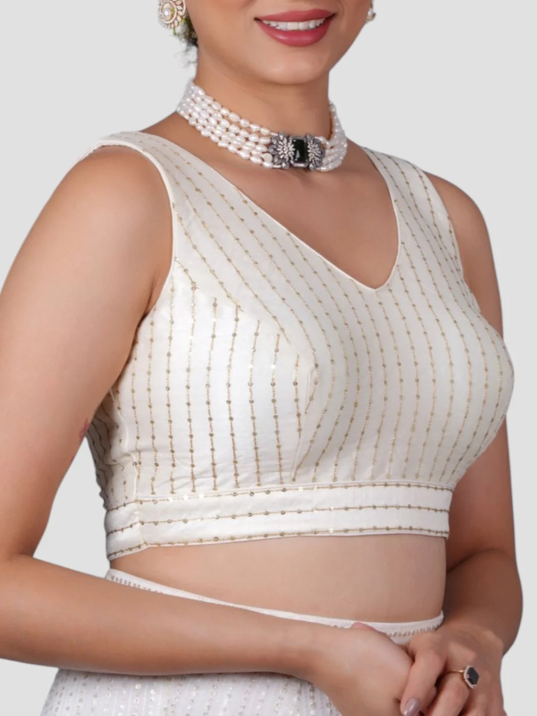 White Silk V Neck Sleeveless Readymade Blouse