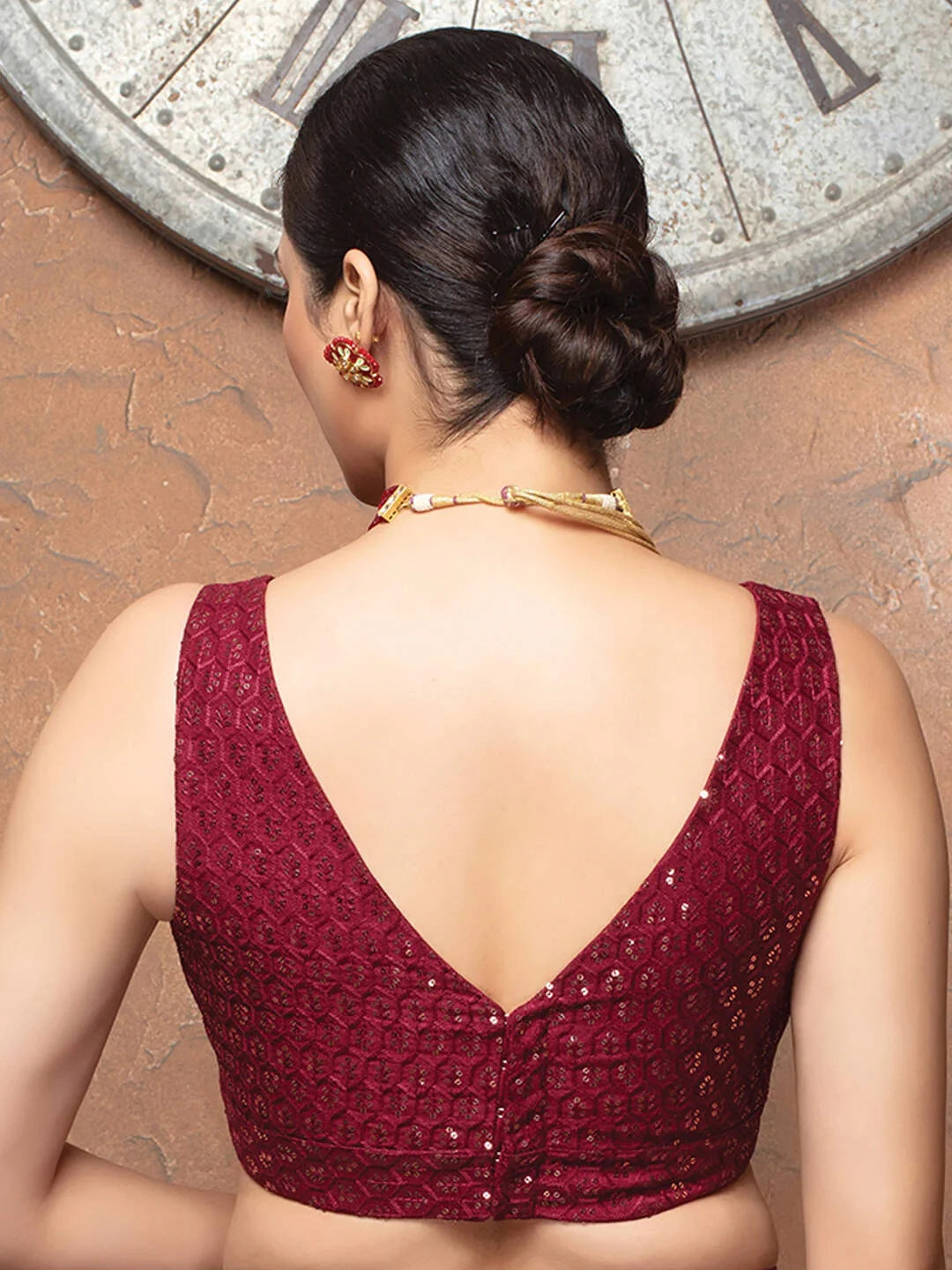 Maroon Sequence Embellished V Neck Sleeveless Readymade Blouse