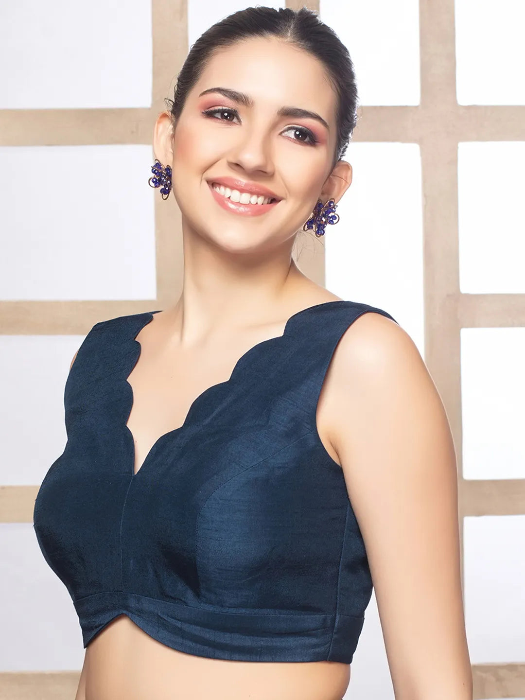 Navy Blue Silk Deep Neck Sleeveless Readymade Blouse