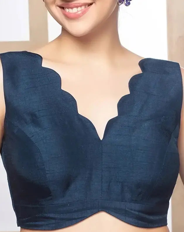 Navy Blue Silk Deep Neck Sleeveless Readymade Blouse