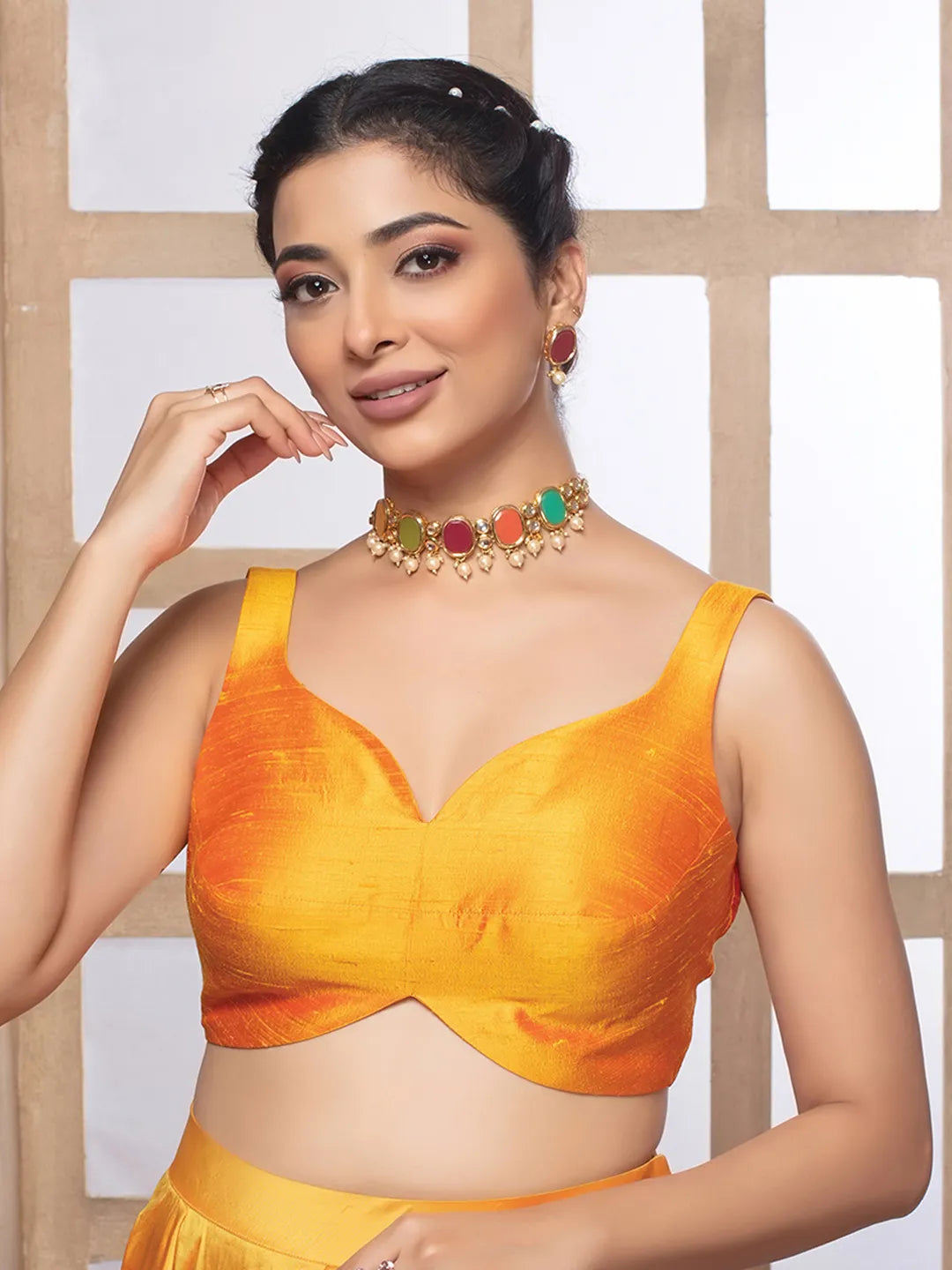 Mustard Silk Deep Neck Sleeveless Readymade Blouse