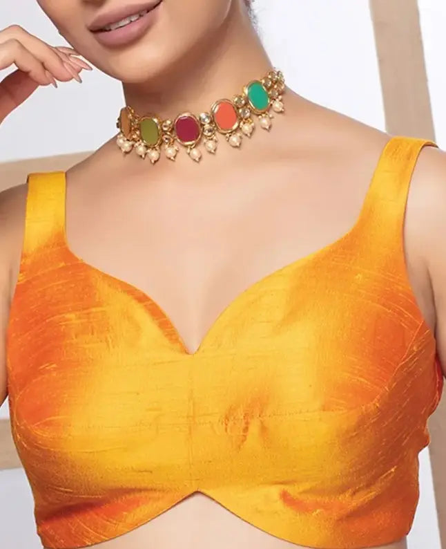 Mustard Silk Deep Neck Sleeveless Readymade Blouse