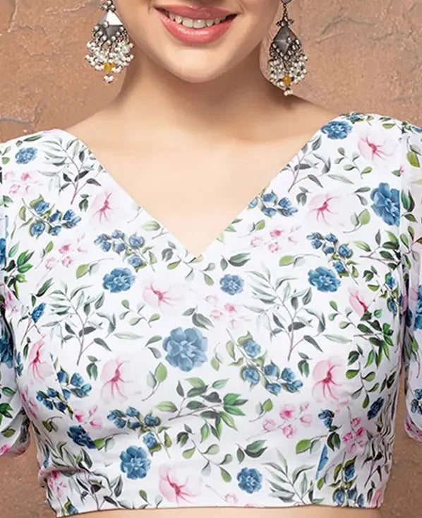 White Georgette V Neck Puff Sleeves Readymade Blouse