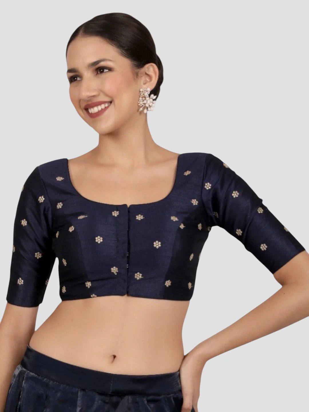 Navy Blue Kora Silk Golden Zari Work Half Sleeve Readymade Saree Blouse