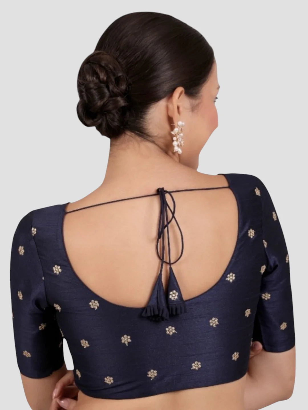 Navy Blue Kora Silk Golden Zari Work Half Sleeve Readymade Saree Blouse