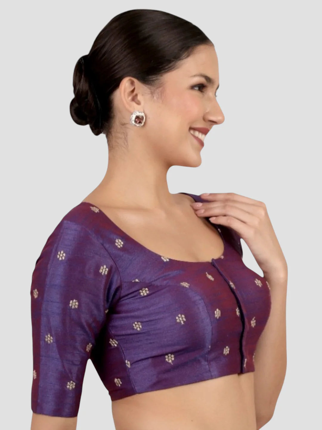 Purple Kora Silk Golden Zari Work Half Sleeve Readymade Saree Blouse