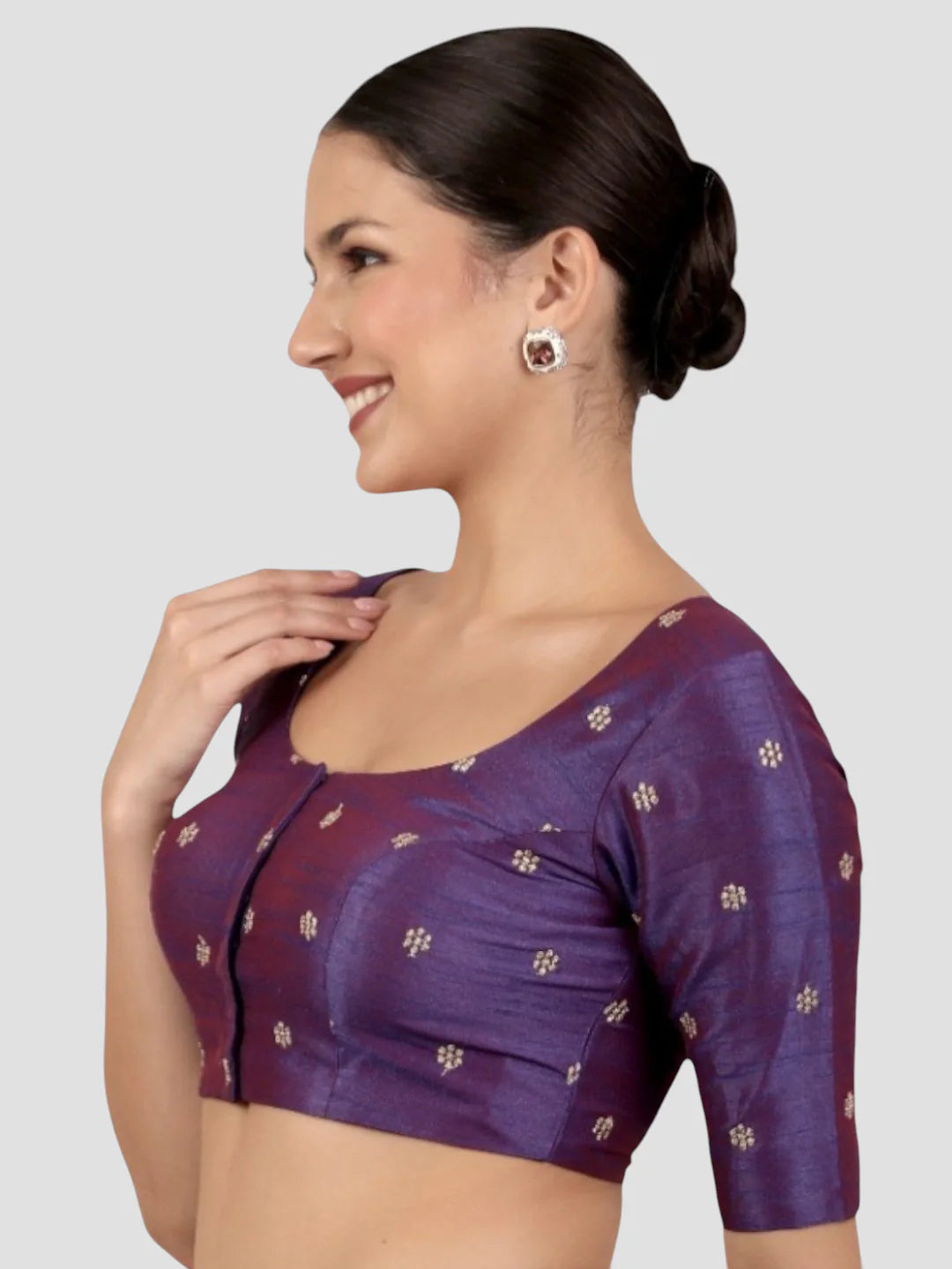 Purple Kora Silk Golden Zari Work Half Sleeve Readymade Saree Blouse