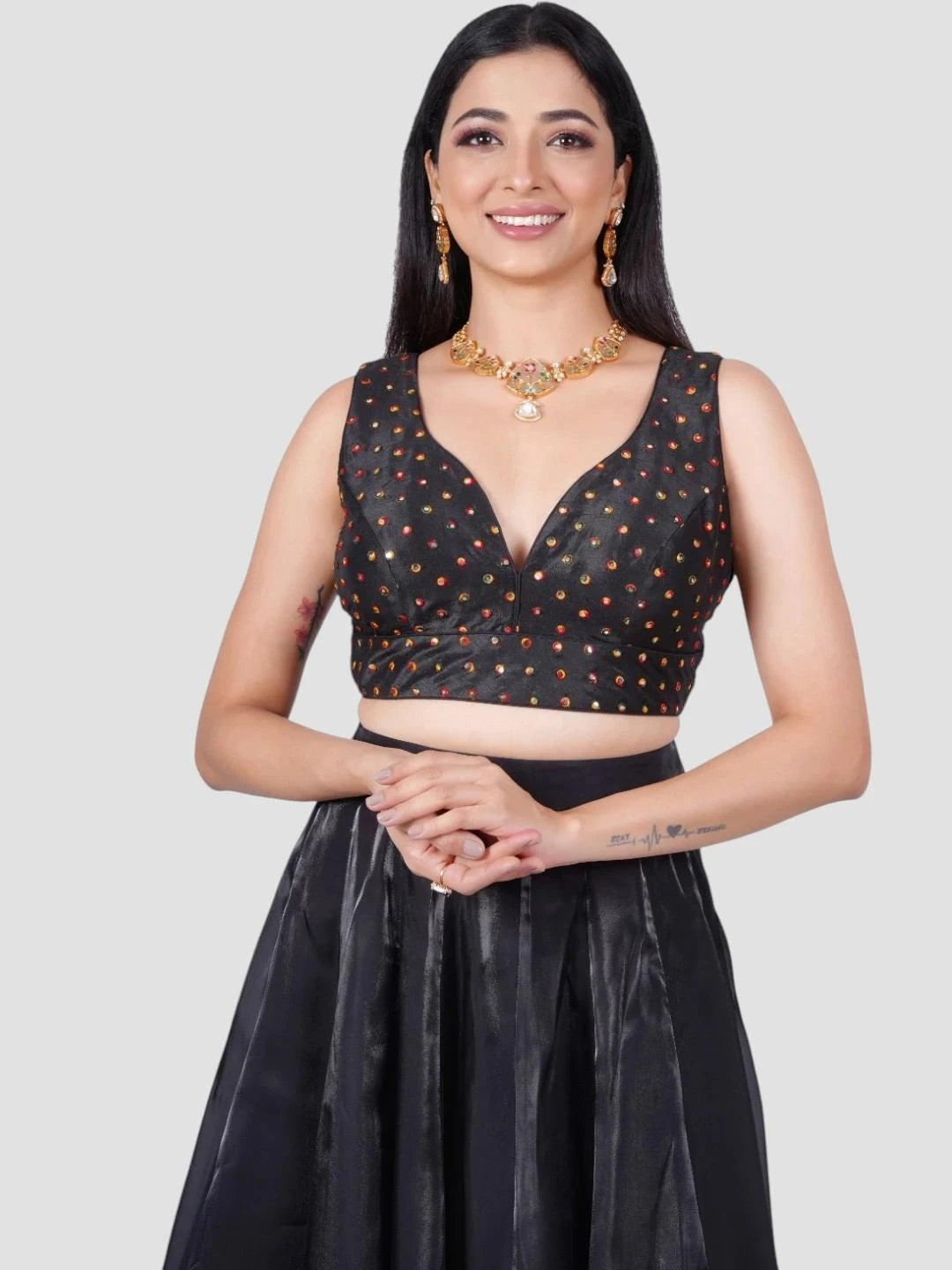Black Embellished Sleeveless Readymade Blouse with Deep V-Neck Front and Dori Tie-Up Back