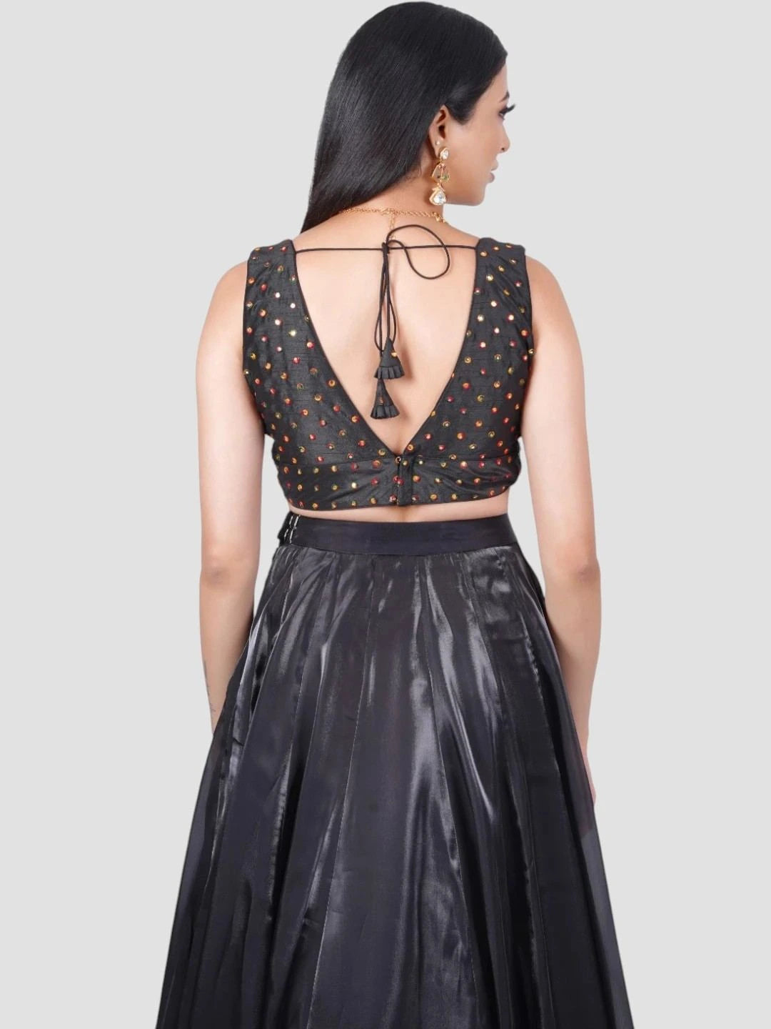 Black Embellished Sleeveless Readymade Blouse with Deep V-Neck Front and Dori Tie-Up Back