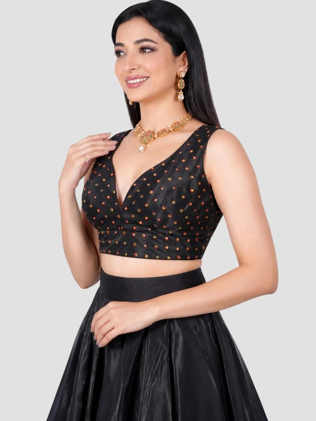 Black Embellished Sleeveless Readymade Blouse with Deep V-Neck Front and Dori Tie-Up Back