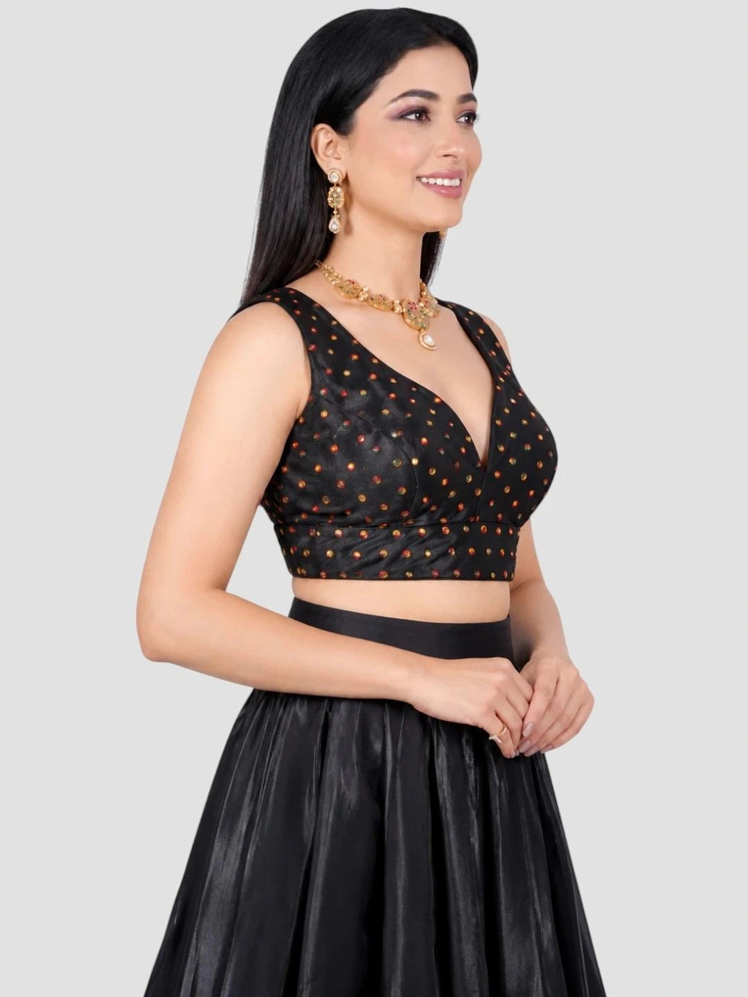 Black Embellished Sleeveless Readymade Blouse with Deep V-Neck Front and Dori Tie-Up Back