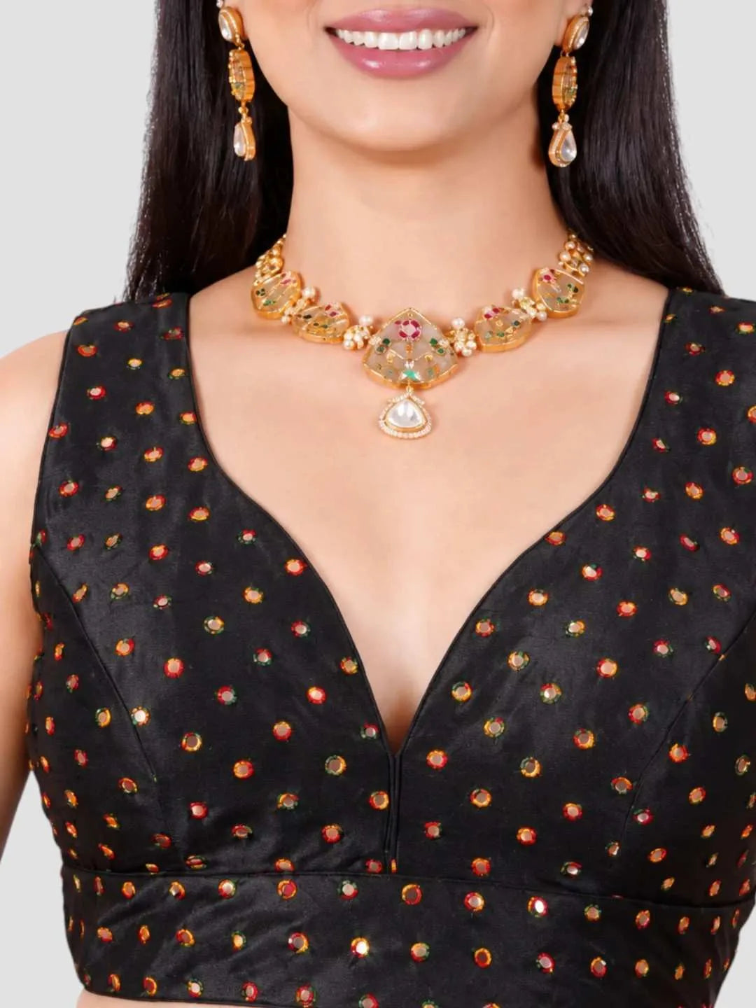 Black Embellished Sleeveless Readymade Blouse with Deep V-Neck Front and Dori Tie-Up Back