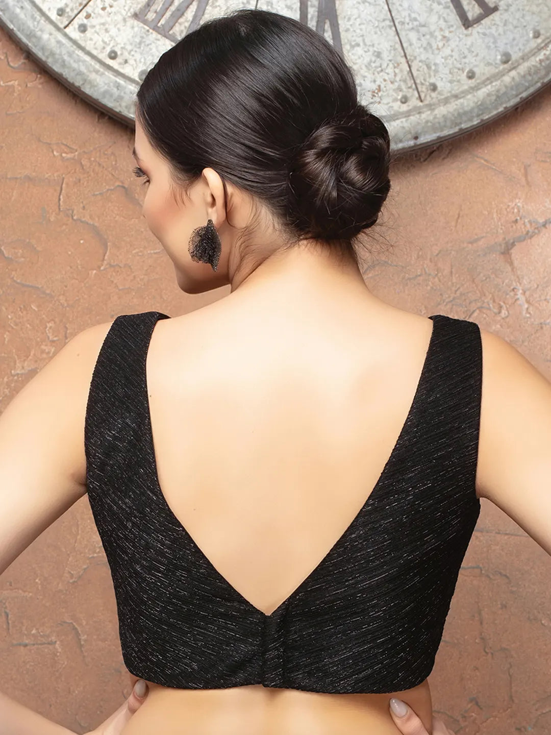 Black Crush Tissue Deep Neck Sleeveless Readymade Blouse