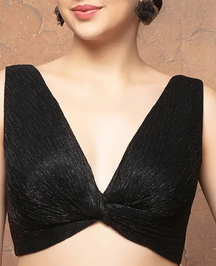 Black Crush Tissue Deep Neck Sleeveless Readymade Blouse