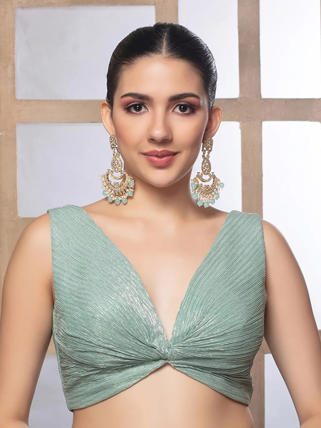 Mint Green Crush Tissue Neck Sleeveless Readymade Blouse