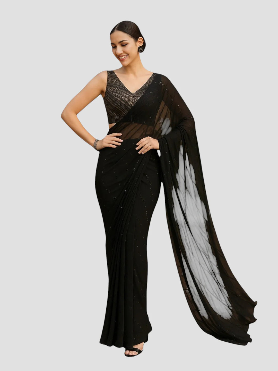 Elegant Black & Gold Striped Silk V-Neck Sleeveless Saree Blouse