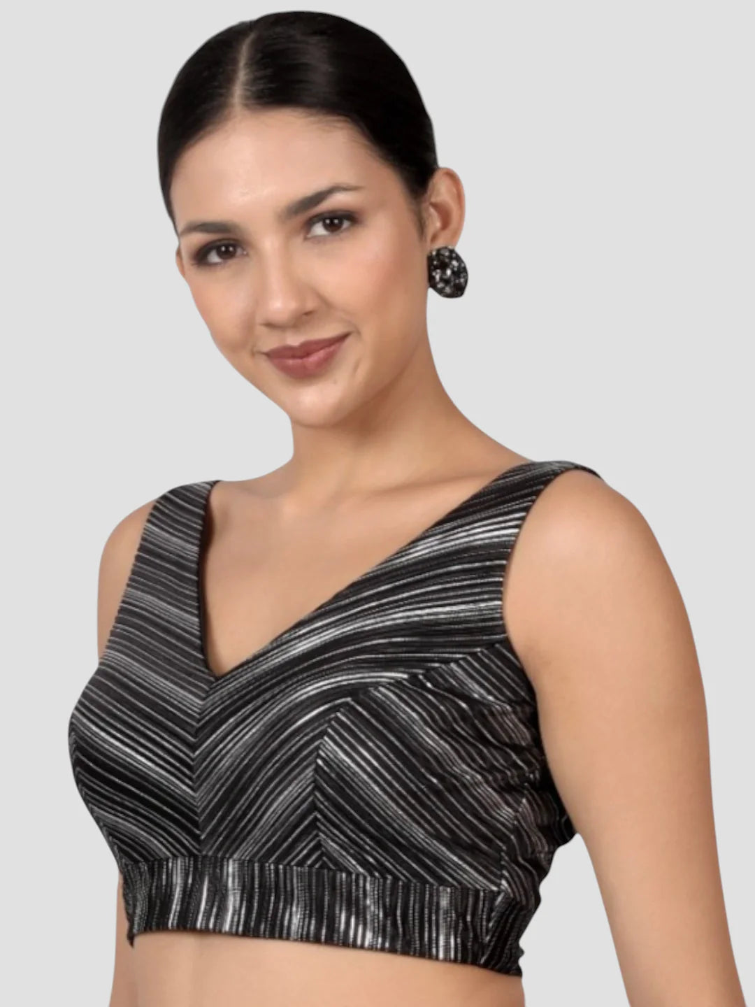 Elegant Black & Silver Striped Silk V-Neck Sleeveless Saree Blouse