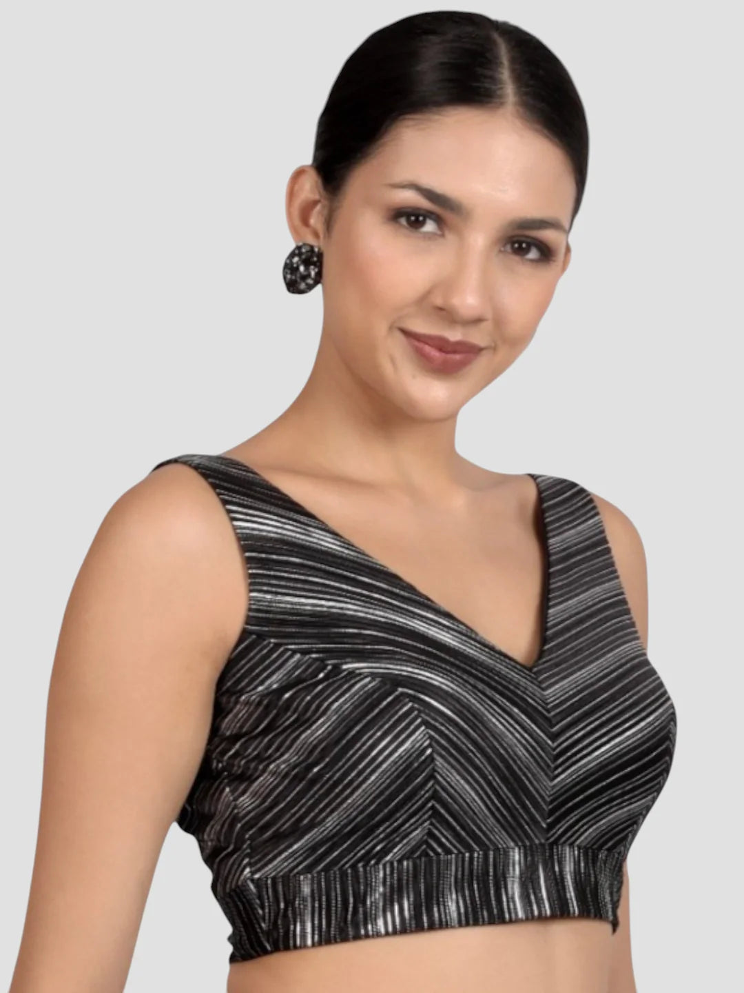 Elegant Black & Silver Striped Silk V-Neck Sleeveless Saree Blouse