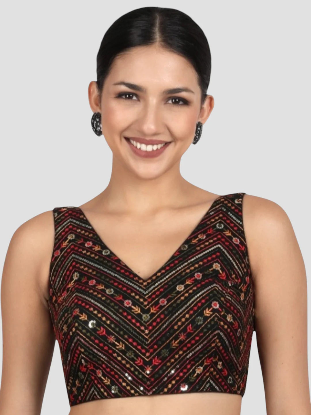 Black Cotton Sequin & Thread Work V-Neck Sleeveless Saree Blouse