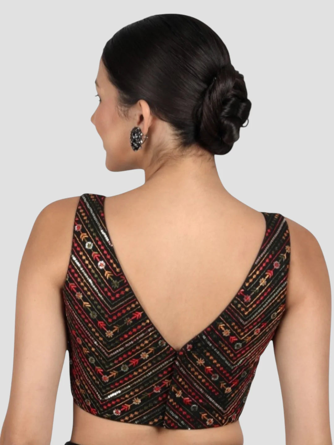 Black Cotton Sequin & Thread Work V-Neck Sleeveless Saree Blouse