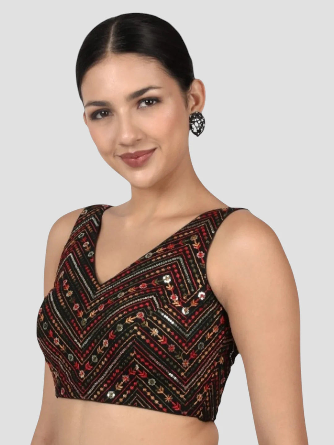 Black Cotton Sequin & Thread Work V-Neck Sleeveless Saree Blouse