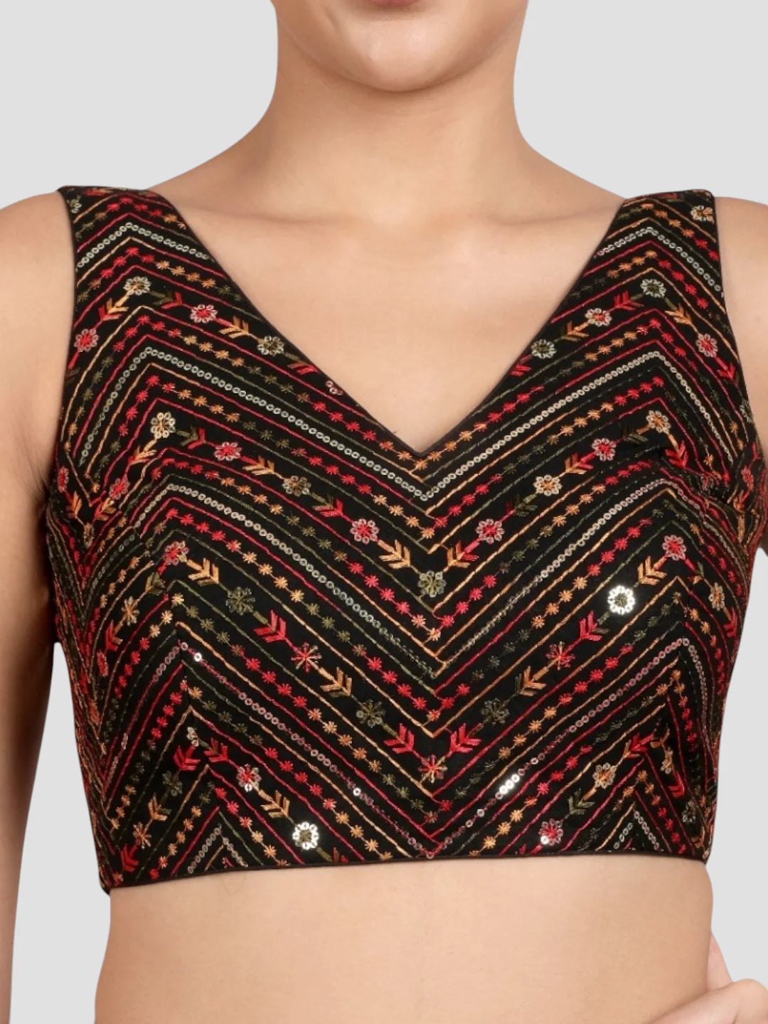 Black Cotton Sequin & Thread Work V-Neck Sleeveless Saree Blouse