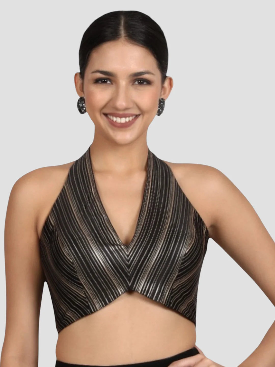 Elegant Black & Gold Striped Silk Halter Neck Backless Saree Blouse