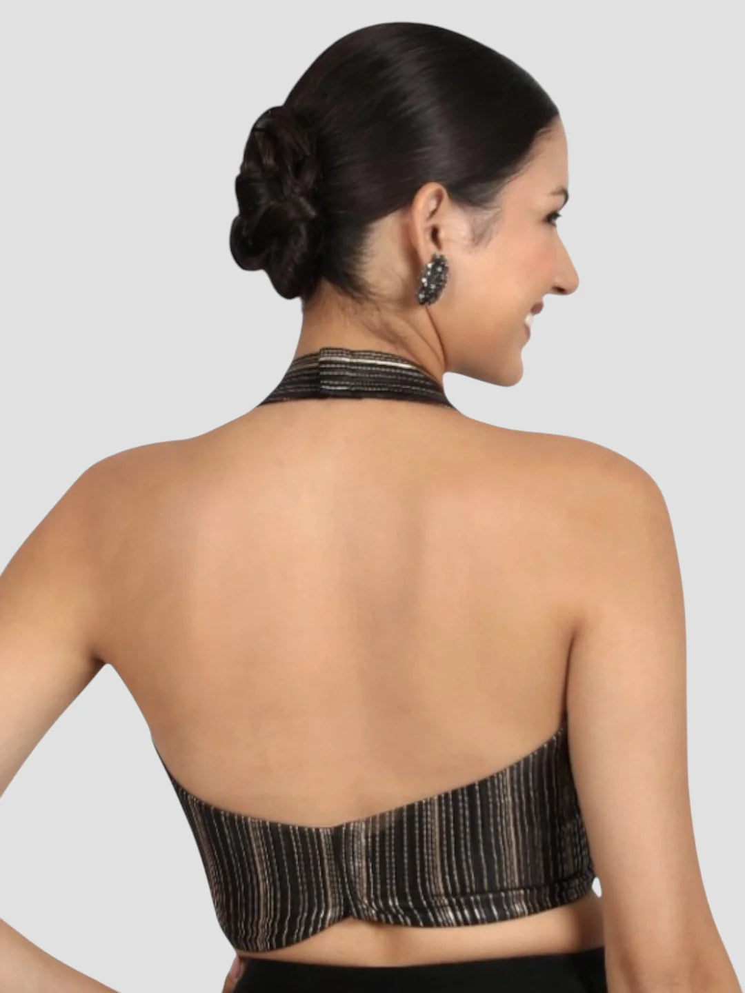 Elegant Black & Gold Striped Silk Halter Neck Backless Saree Blouse