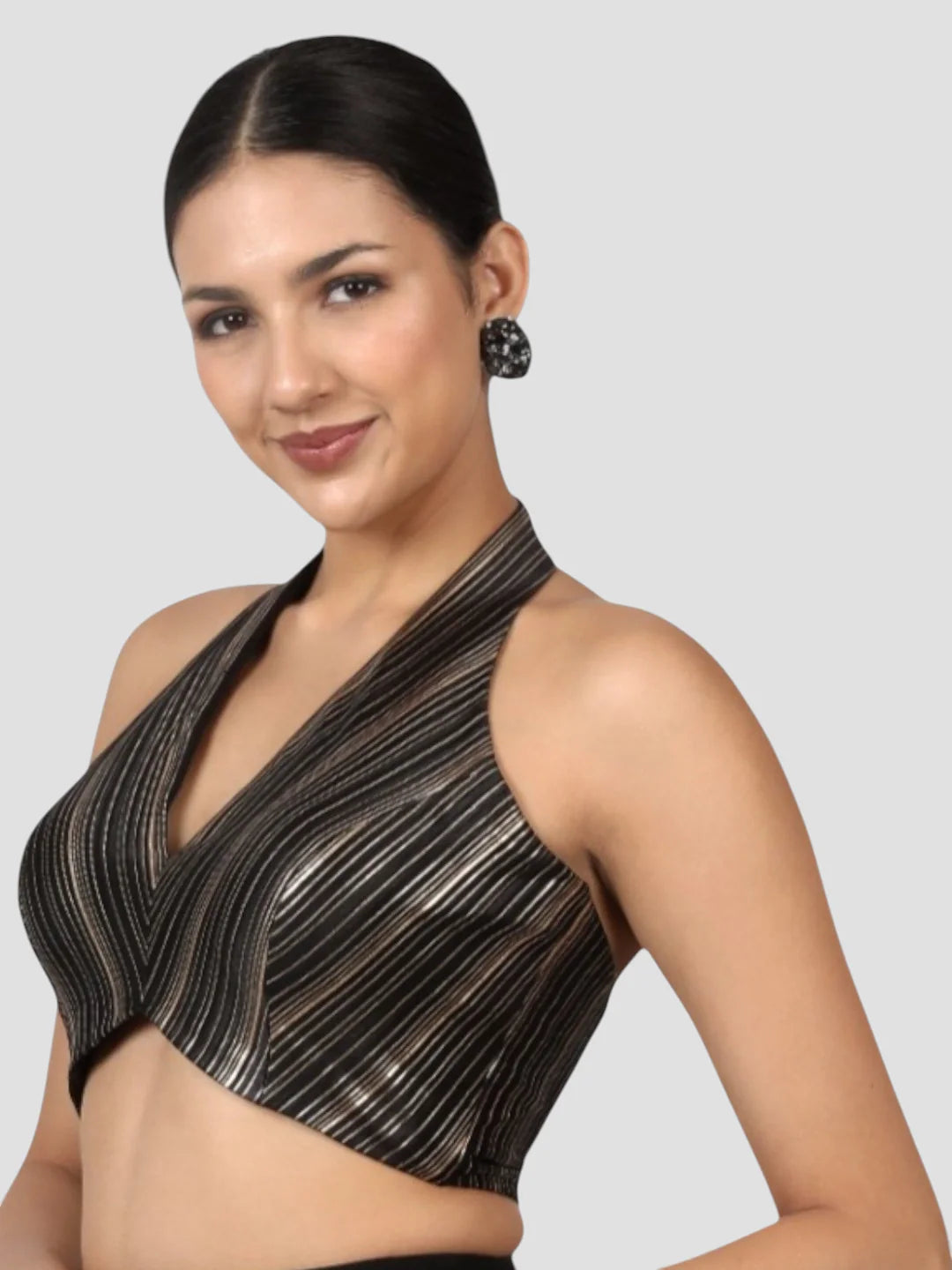 Elegant Black & Gold Striped Silk Halter Neck Backless Saree Blouse