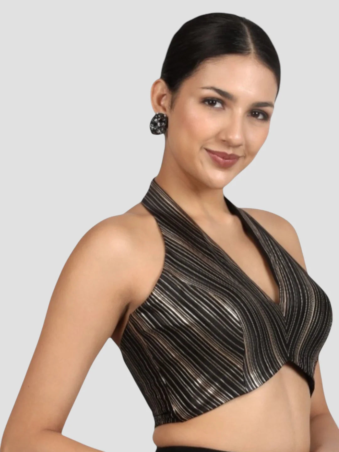 Elegant Black & Gold Striped Silk Halter Neck Backless Saree Blouse