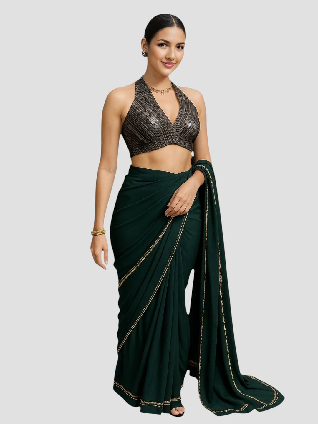 Elegant Black & Gold Striped Silk Halter Neck Backless Saree Blouse