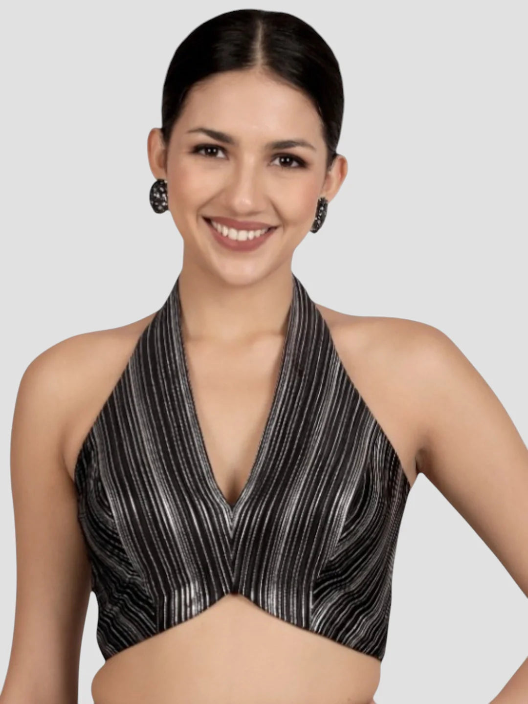 Elegant Black & Silver Striped Silk Halter Neck Backless Saree Blouse