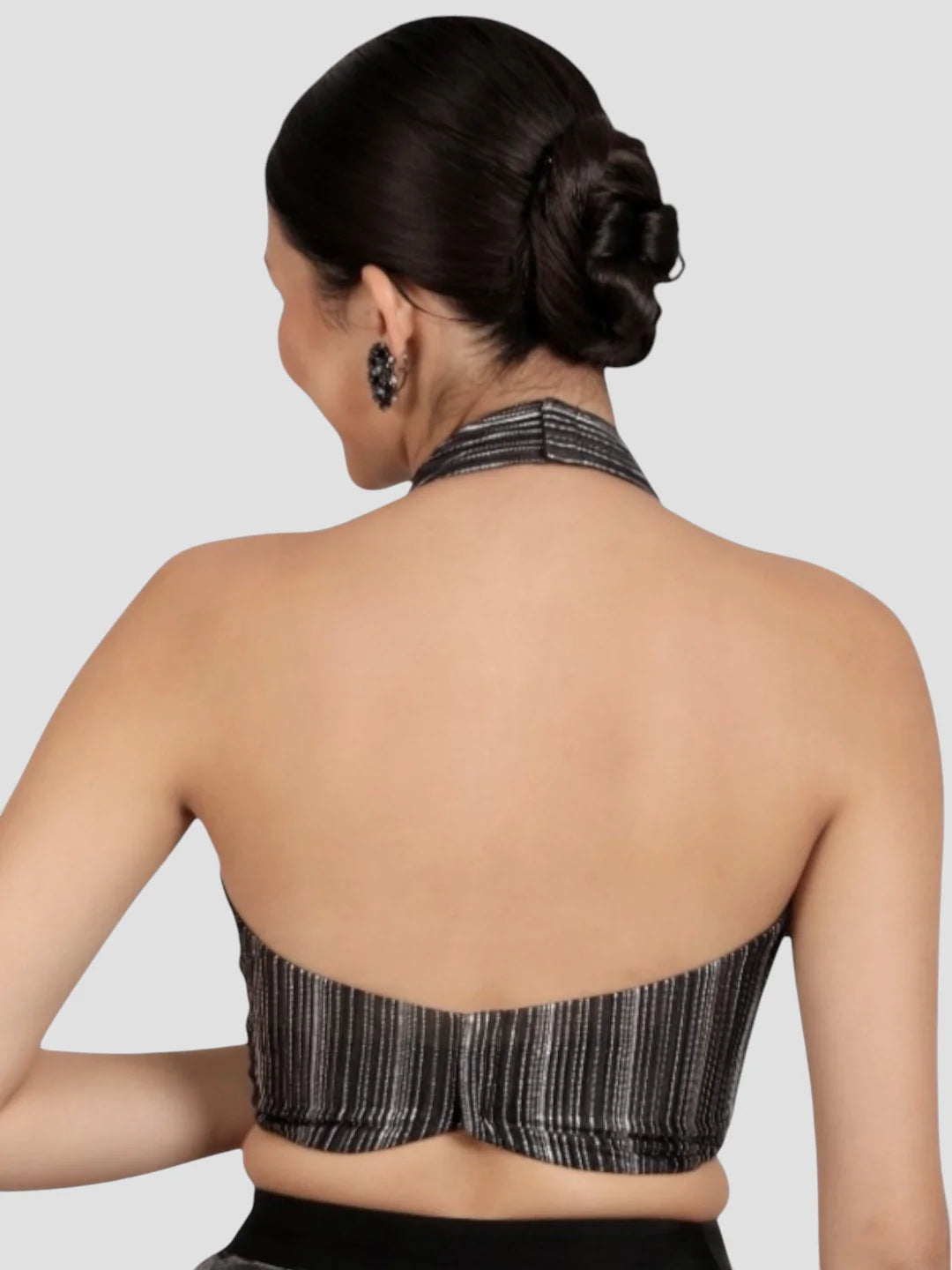 Elegant Black & Silver Striped Silk Halter Neck Backless Saree Blouse