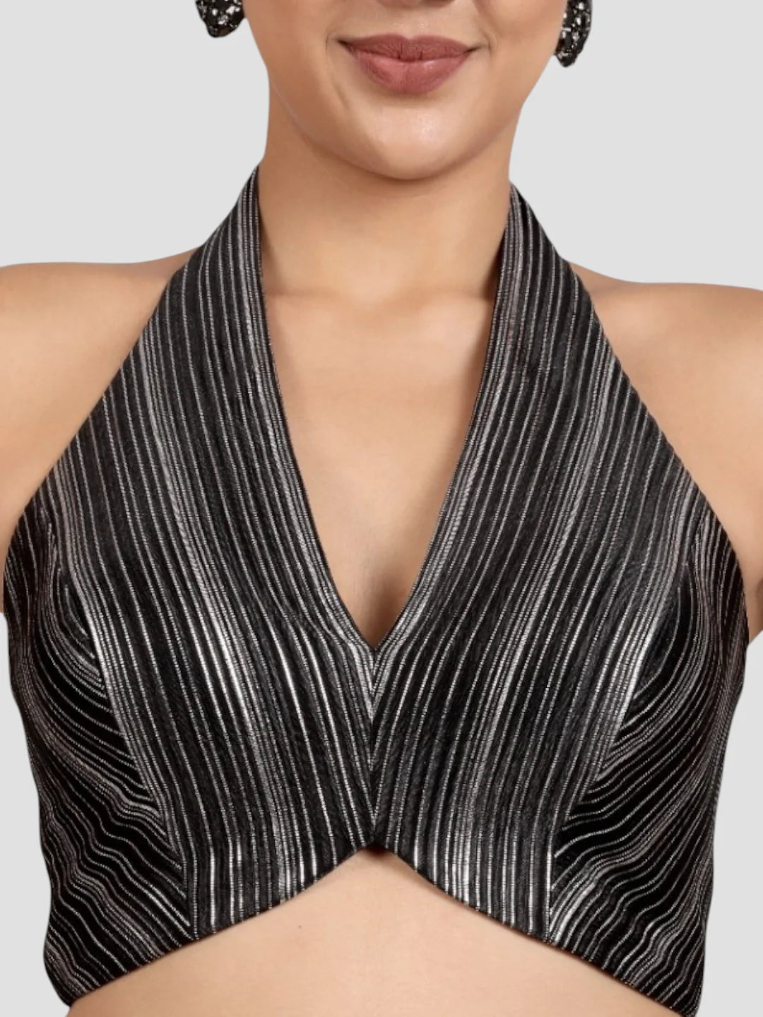 Elegant Black & Silver Striped Silk Halter Neck Backless Saree Blouse