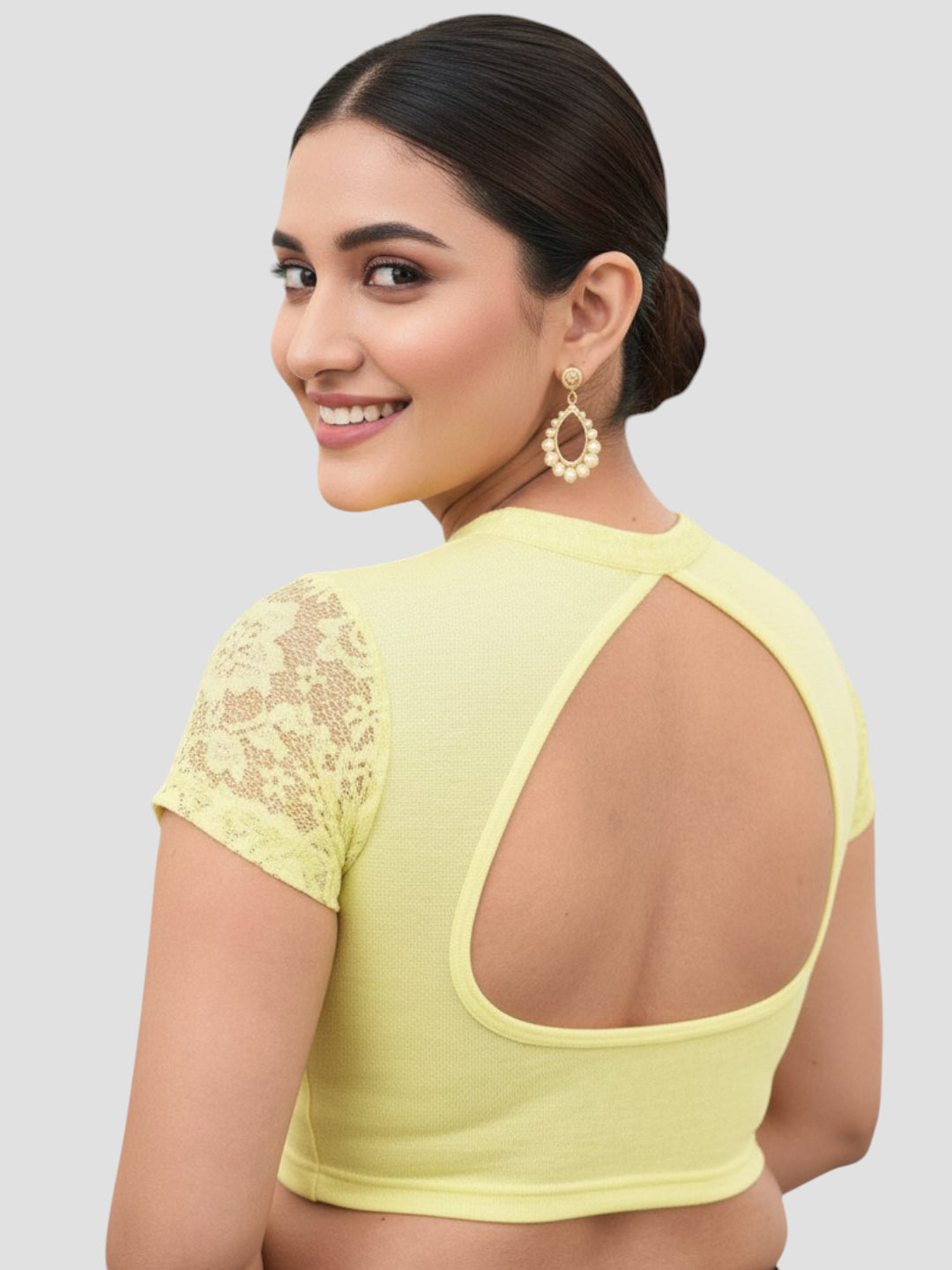 Lemon Yellow Lace Yoke Stretchable Elastane Readymade Saree Blouse with Back Keyhole