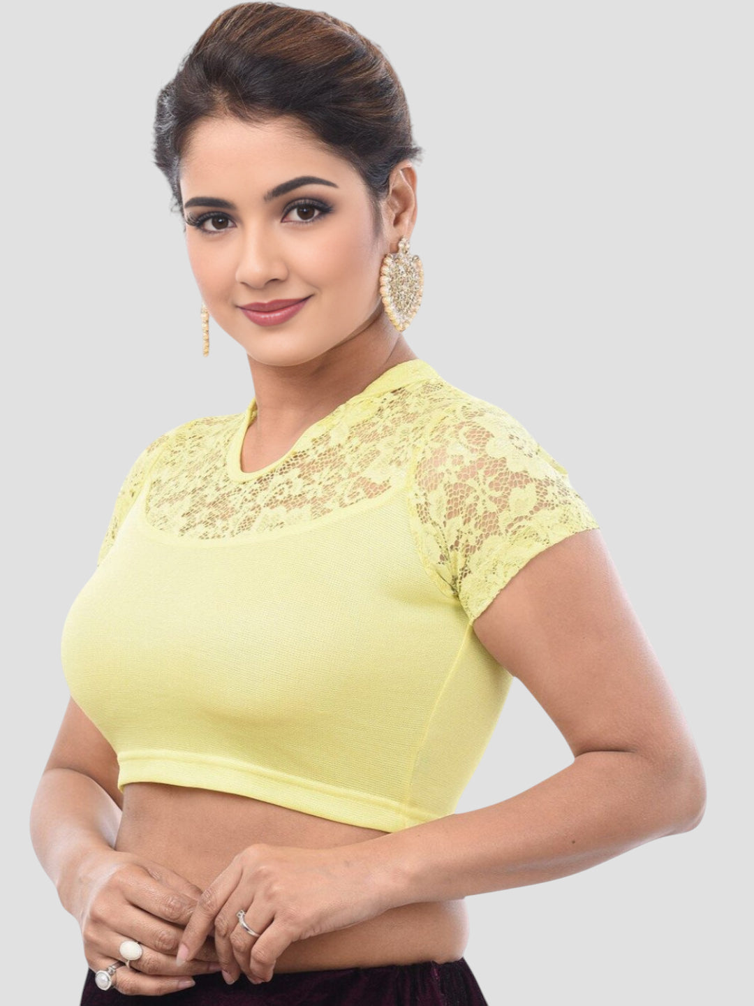 Lemon Yellow Lace Yoke Stretchable Elastane Readymade Saree Blouse with Back Keyhole